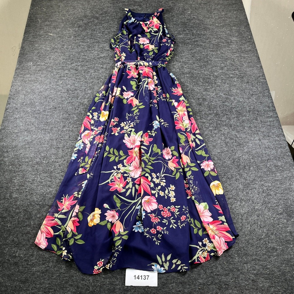 R&K Maxi Dress Womens 12P Multicolor Floral Casual Tie Waist Sleeveless Back Zip